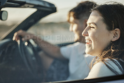 Buy stock photo Road trip couple, summer freedom and holiday sunshine, relax and adventure in New Zealand. Traveling woman, driving man and happy journey, date drive and vacation together in convertible motor car