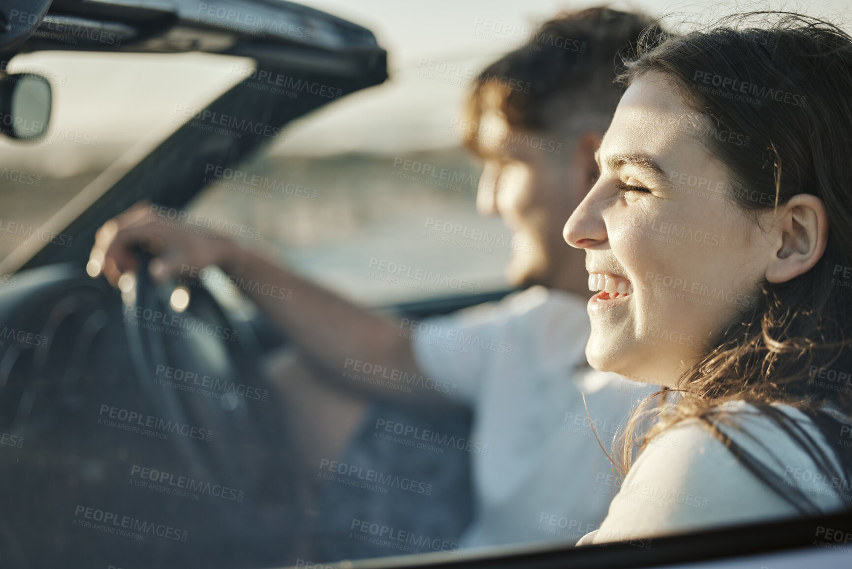 Buy stock photo Road trip couple, summer freedom and holiday sunshine, relax and adventure in New Zealand. Traveling woman, driving man and happy journey, date drive and vacation together in convertible motor car