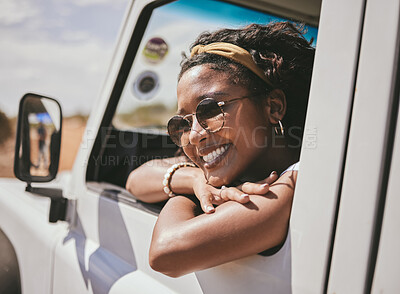 Buy stock photo Happy black woman, travel and summer on road trip with smile for vacation or break in the outdoors. African American female smiling in happiness for holiday getaway, adventure and traveling in Mexico