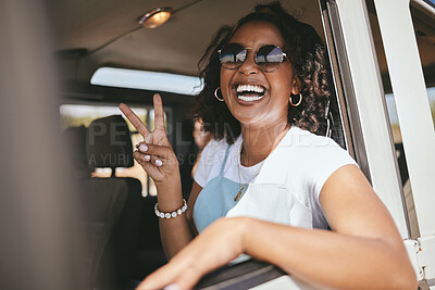 Buy stock photo Woman, smile and road trip show peace in car, pickup or truck for vacation, holiday and relax. Girl, happy and smile in portrait in jeep, vehicle or van on travel on road, street or highway in Africa