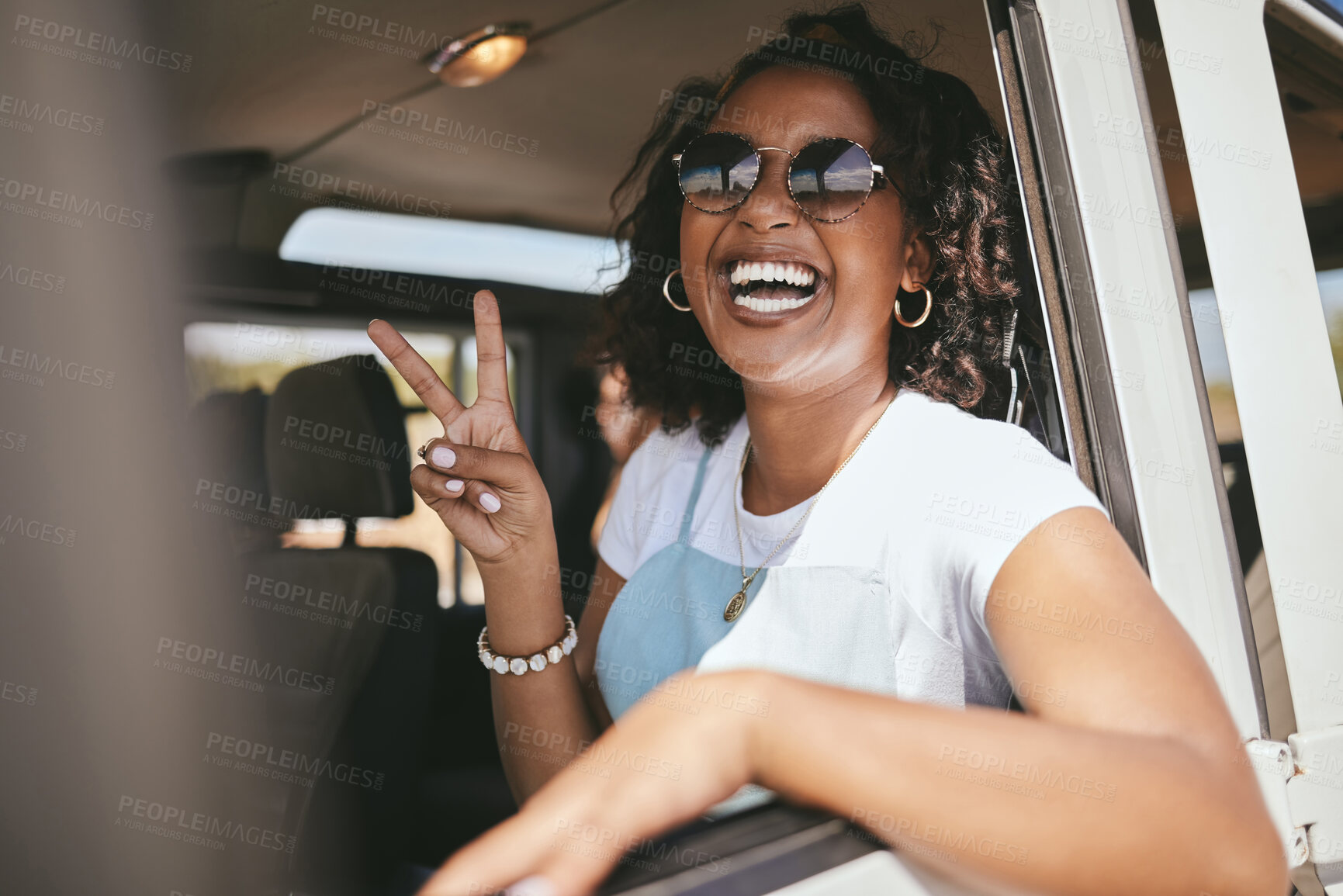 Buy stock photo Woman, smile and road trip show peace in car, pickup or truck for vacation, holiday and relax. Girl, happy and smile in portrait in jeep, vehicle or van on travel on road, street or highway in Africa