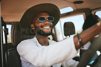 Buy stock photo Travel, road trip and happy black man driving a caravan on a summer vacation, journey or adventure. Happiness, freedom and African guy with a smile on a drive to a holiday destination in 