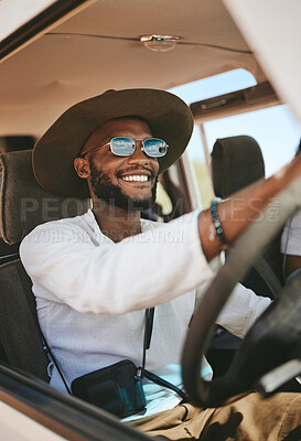 Buy stock photo Travel, freedom and summer with black man driving in car on road trip vacation for adventure, happy and journey. Transportation, excited and smile with young guy and sunglasses in van for holiday