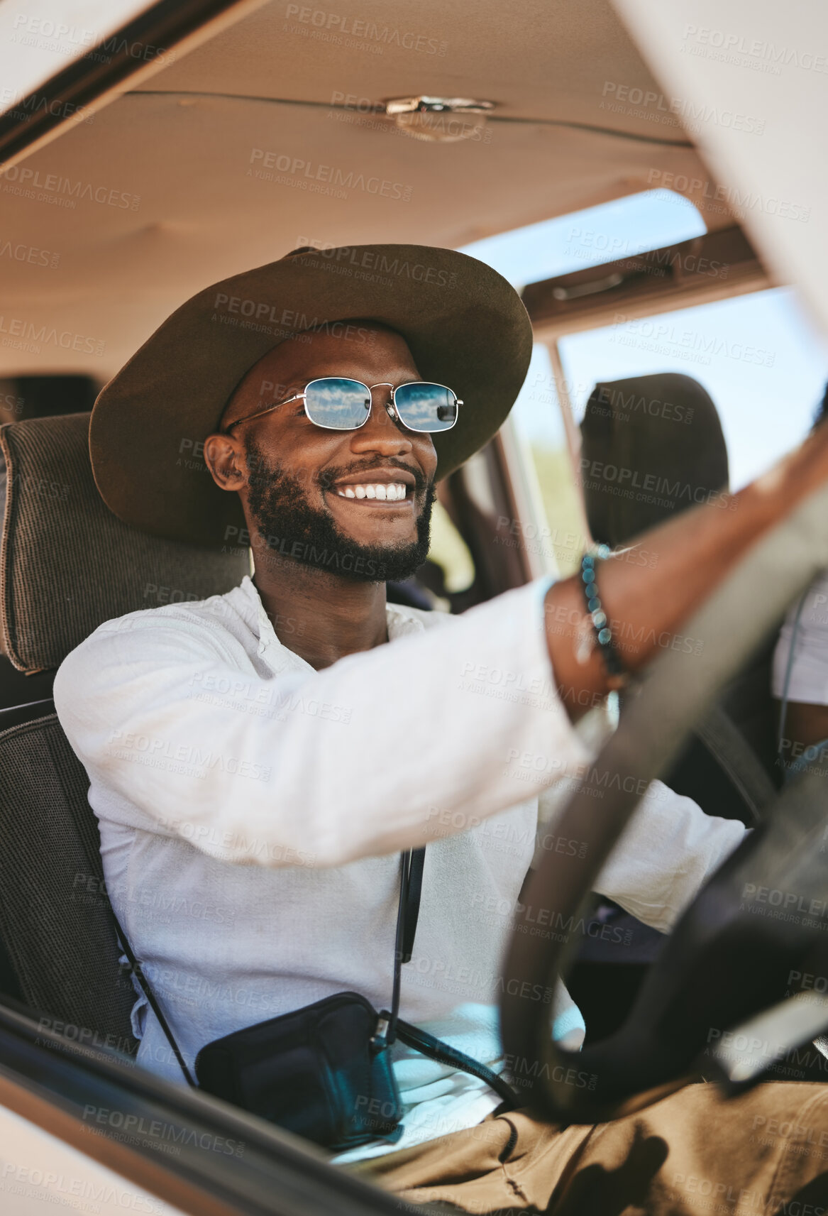 Buy stock photo Travel, freedom and summer with black man driving in car on road trip vacation for adventure, happy and journey. Transportation, excited and smile with young guy and sunglasses in van for holiday