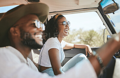 Buy stock photo Travel, road trip and black people couple driving by countryside for holiday, journey and freedom with happiness. Trendy sunglasses, fashion and gen z friends in a car drive for vacation lifestyle