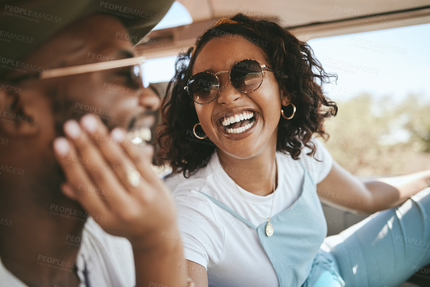 Buy stock photo Love, black couple and road trip driver, vacation or summer holiday. Happy, smile and man, woman and travel in car bonding, fun and spending quality time together on romantic getaway in happiness.