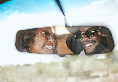 Buy stock photo Road trip, travel and black couple happy about a holiday in a car mirror reflection together. Happiness and love smile of a girlfriend and boyfriend on a vacation trip ready for summer fun driving