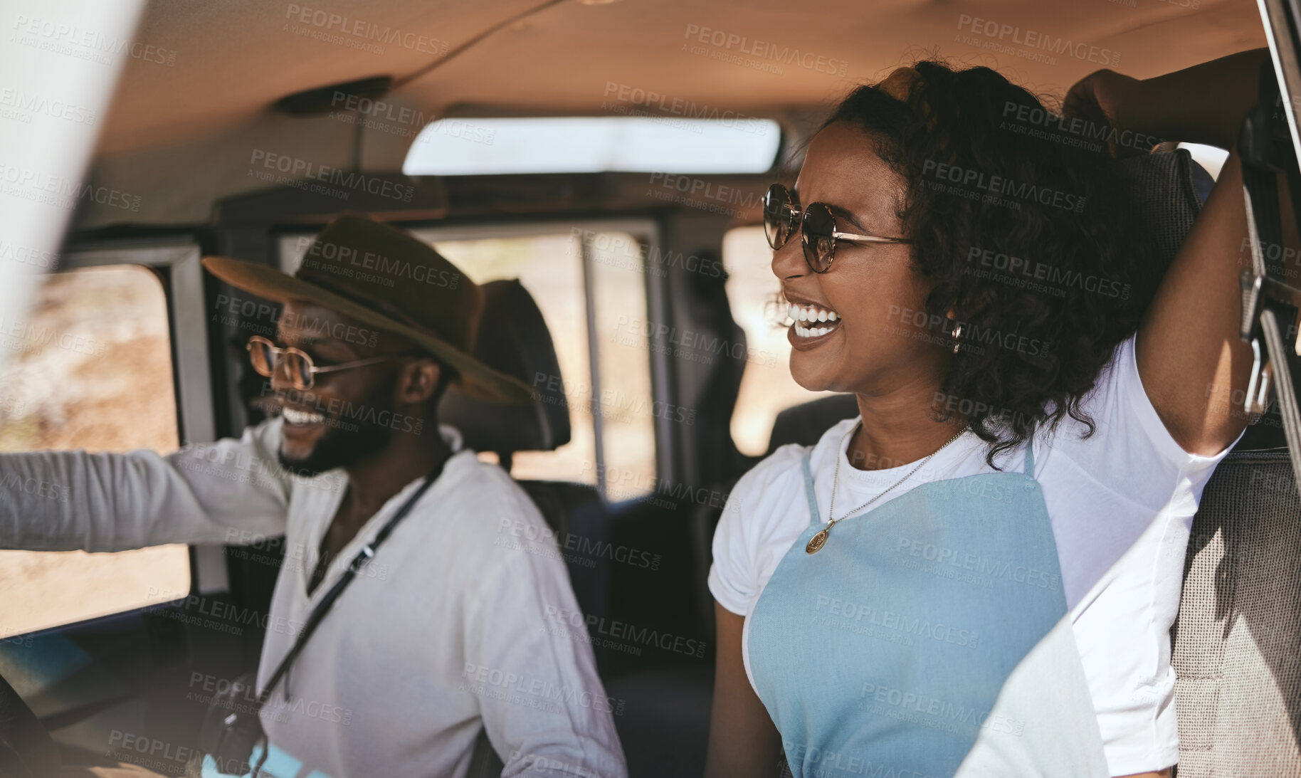 Buy stock photo Road trip, driving and black couple drive to travel on a summer vacation with a smile. Happy girlfriend and boyfriend laughing together using motor transport for a getaway with love and happiness