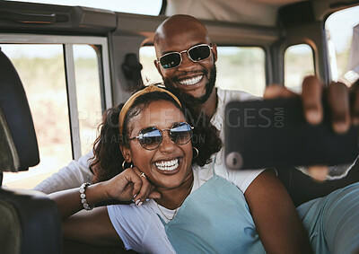 Buy stock photo Black couple, selfie smile and phone for travel road trip in summer vacation together in happiness. Happy African American man and woman enjoying holiday traveling smiling for photo on smartphone