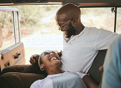 Buy stock photo Road trip, black couple and travel during drive through nature on a summer vacation with a smile, happiness and love. Happy man and woman laughing and bonding on safari journey or trip together