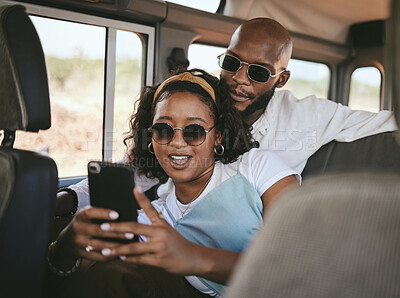 Buy stock photo Black couple, phone and travel for selfie in social media for summer vacation and bonding together. African American man and woman traveling for holiday trip in communication on mobile smartphone