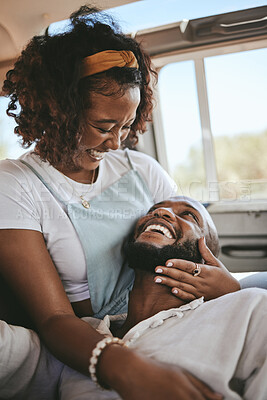 Buy stock photo Black couple, smile and laugh for love in road trip adventure, travel and relaxing together. African American man and woman in loving, caring and embracing relationship for traveling in nature
