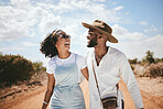 Couple, travel and happy outdoor road trip of black people enjoying nature with love. Happiness of girlfriend and boyfriend smile together laughing with a hug on a summer dessert holiday in the sun