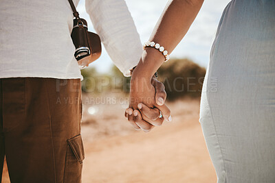 Buy stock photo Hand holding, couple and black people travel together on a road trip ready for a safari holiday. Support, trust and vacation love of people hands united in nature in the summer sunshine 