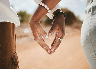 Buy stock photo Couple hands, heart and love, kindness and trust with support together outdoors. Closeup fingers sign of black people shape in romantic relationship, celebrate honeymoon and save the date marriage