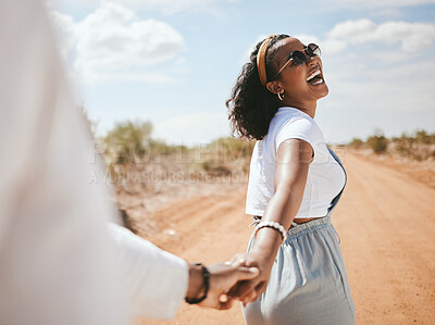 Buy stock photo Happy, safari and couple love holding hands on a romantic honeymoon holiday vacation outdoors in summer. Romance, traveling and black woman with a big smile walking with partner on adventure in Texas