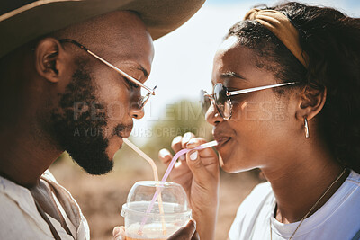 Buy stock photo Outdoor couple sharing straw drink, summer date and sunshine vacation together in Brazil. Young black people face, love and happiness to share drinking romance, relax and holiday fun in garden park