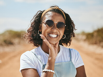 Buy stock photo Happy, smile and black woman on a travel road trip break in the summer sunshine in nature. Portrait of a person from Texas face with happiness and vacation fun outdoor in the sun feeling freedom