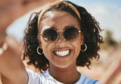Buy stock photo Hand frame, portrait and black woman with smile on holiday in nature of Mexico during summer. Happy African girl with hands for focus on face on vacation in the desert, park or safari to relax