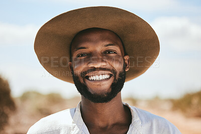 Buy stock photo Portrait, black man smile and travel for holiday, vacation and on countryside outdoor. Happy face, young confident male and casual cool hat look relax, peaceful and on adventure for summer road trip.