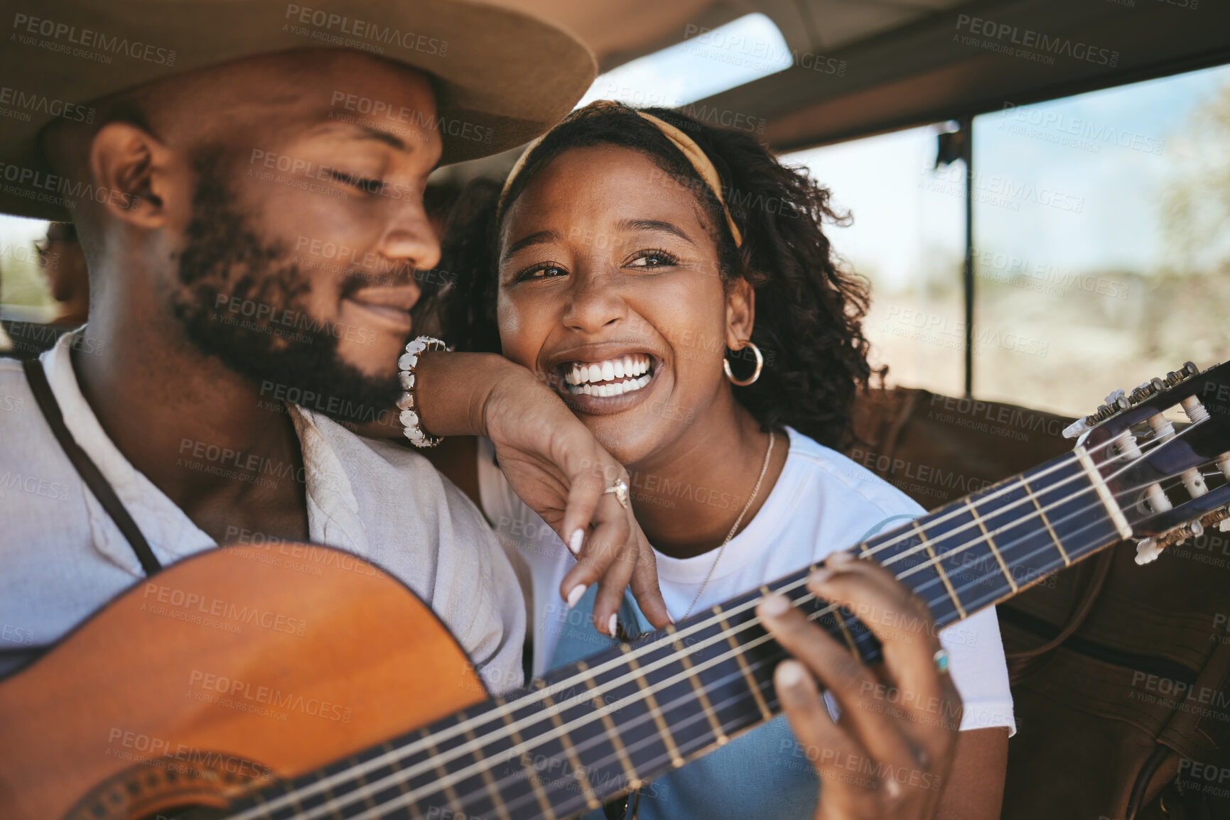 Buy stock photo Guitar, music and black couple on a car road trip together on a travel, summer and fun adventure. Happy boyfriend and girlfriend smile with love and transport happiness smiling in a motor on holiday