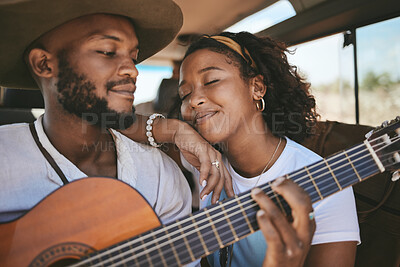 Buy stock photo Road trip, guitar music and black couple on drive for adventure and travel on a summer vacation during romantic song moment. Happy man and woman using instrument on motor transport getaway with love
