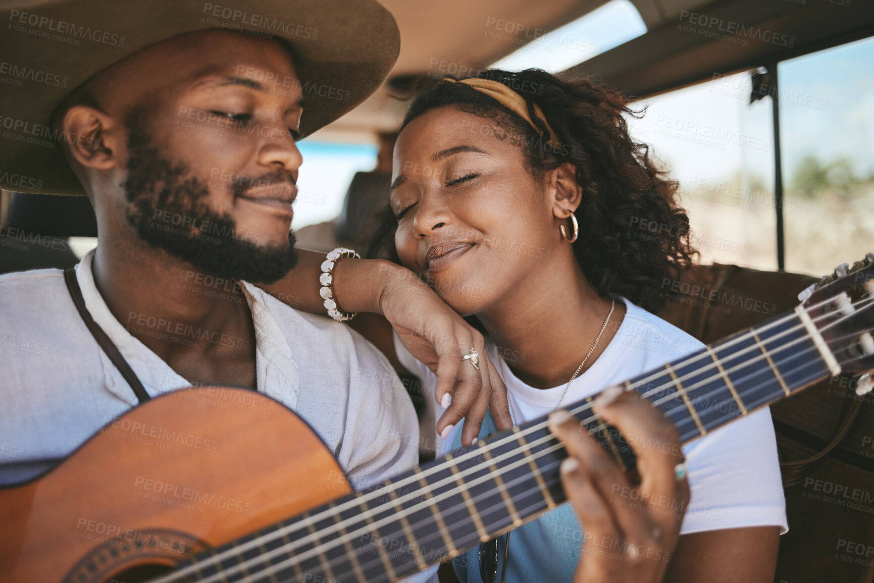 Buy stock photo Road trip, guitar music and black couple on drive for adventure and travel on a summer vacation during romantic song moment. Happy man and woman using instrument on motor transport getaway with love