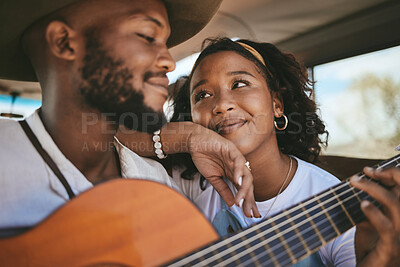 Buy stock photo Road trip, guitar and black couple enjoy freedom music on adventure drive and travel on summer vacation having romantic song moment. Love of man and woman with instrument on motor transport getaway