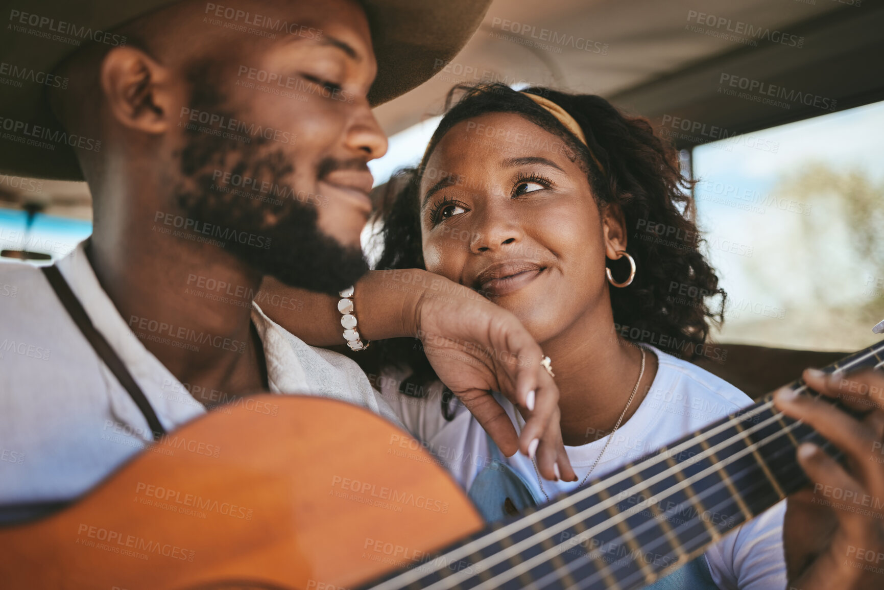 Buy stock photo Road trip, guitar and black couple enjoy freedom music on adventure drive and travel on summer vacation having romantic song moment. Love of man and woman with instrument on motor transport getaway