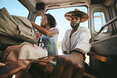 Buy stock photo Travel luggage, black couple and car road trip together love bonding on nature safari holiday in Africa. Traveling, dating and black people, vehicle and bags for outdoor adventure vacation in Nigeria