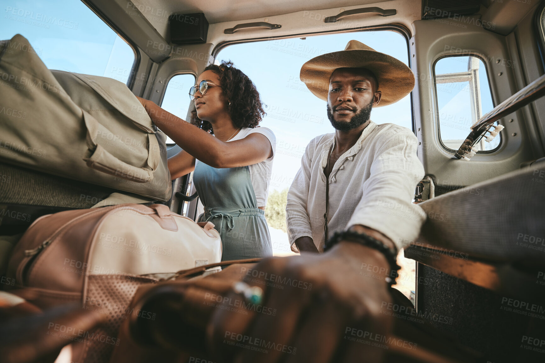Buy stock photo Travel luggage, black couple and car road trip together love bonding on nature safari holiday in Africa. Traveling, dating and black people, vehicle and bags for outdoor adventure vacation in Nigeria