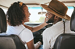 Road trip, black couple and summer freedom on holiday, relax and adventure in Brazil. Traveling woman, driving man and happy love journey, funny date or vacation drive together in motor car transport
