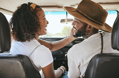 Buy stock photo Road trip, black couple and summer freedom on holiday, relax and adventure in Brazil. Traveling woman, driving man and happy love journey, funny date or vacation drive together in motor car transport