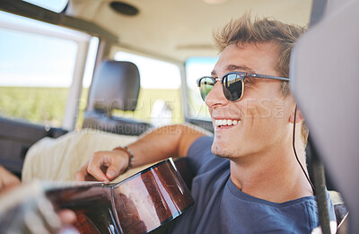 Buy stock photo Music, guitar and young man in car on a roadtrip adventure in nature. Summer, holiday and journey on the road, fun musician on vacation. Travel, freedom and explore nature with musical instrument