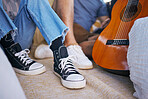 Shoes, guitar and people, music and musician break from rehearsal, concert or live performance, friends and band. Artist feet, song and creative, instrument and musical couple with acoustic.