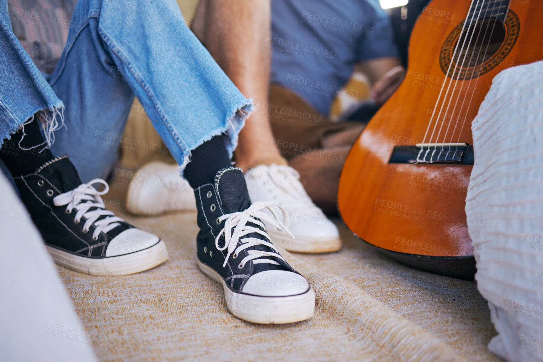 Buy stock photo Shoes, guitar and people, music and musician break from rehearsal, concert or live performance, friends and band. Artist feet, song and creative, instrument and musical couple with acoustic.