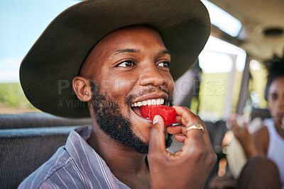 Buy stock photo Black man, face or watermelon summer fruit on safari game drive, sustainability nature or environment landscape travel. Zoom, smile or happy tourist and diet health food in South Africa national park