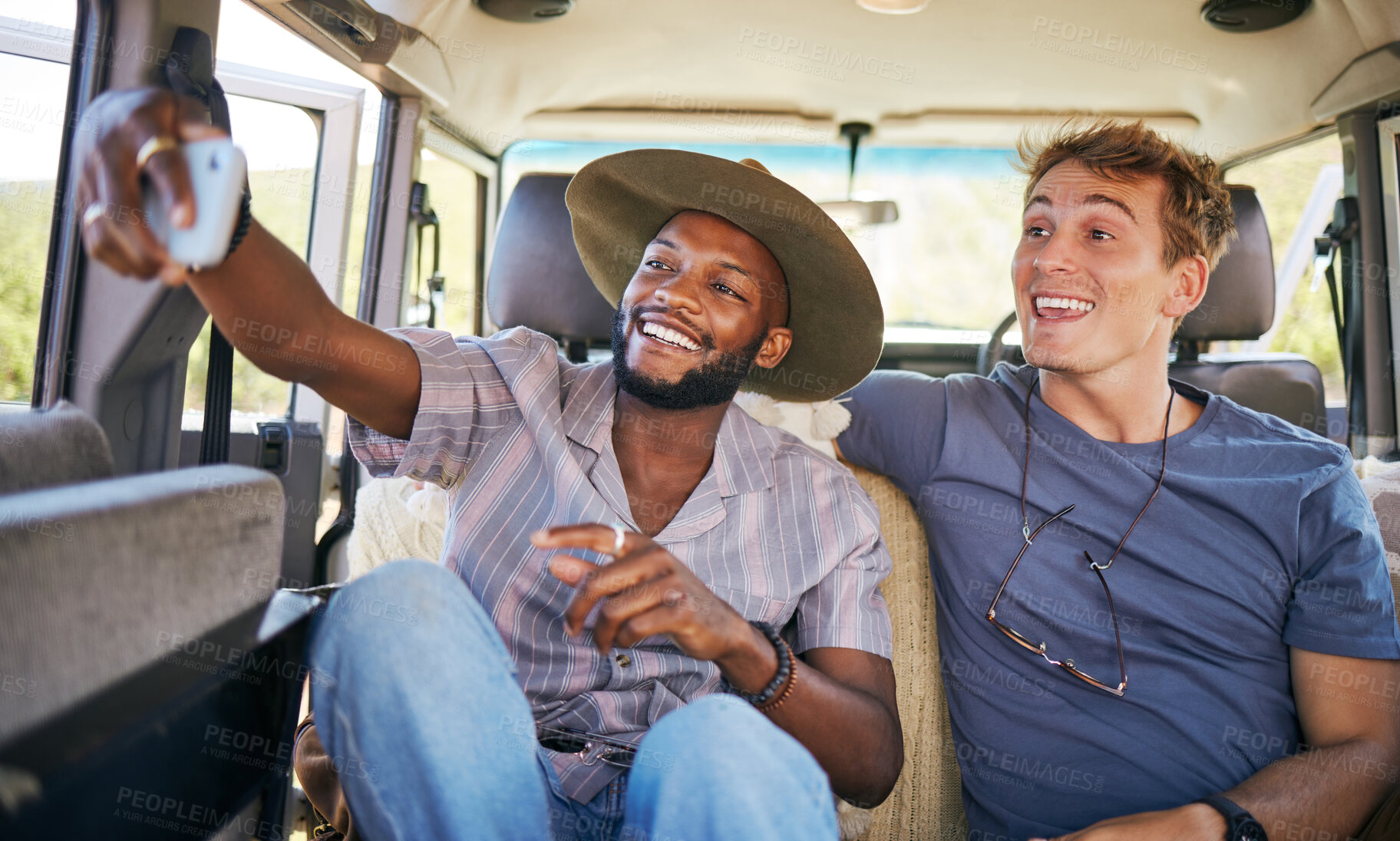 Buy stock photo Travel, friends and selfie on a phone by men on a road trip, bonding on a backseat while driving in a vehicle. Freedom, relax and happy black man taking photo with friend on their journey together