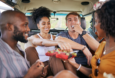 Buy stock photo Diversity, food and friends on road trip with fruit while on holiday vacation eating watermelon, grapes and strawberry. Happy and hungry young men and women enjoying healthy fresh organic produce