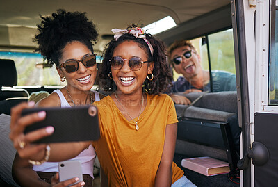 Buy stock photo Travel, smile and selfie with friends on road trip in car for adventure, summer and freedom on California holiday. Happy, support and mobile with group of people with phone for social media together