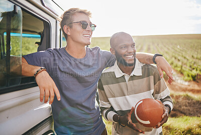 Buy stock photo Sports, vacation and friends on road trip, holiday and stop to rest, play games or enjoy countryside view together. Diversity men playing, adventure or travel for summer, getaway or bonding in nature