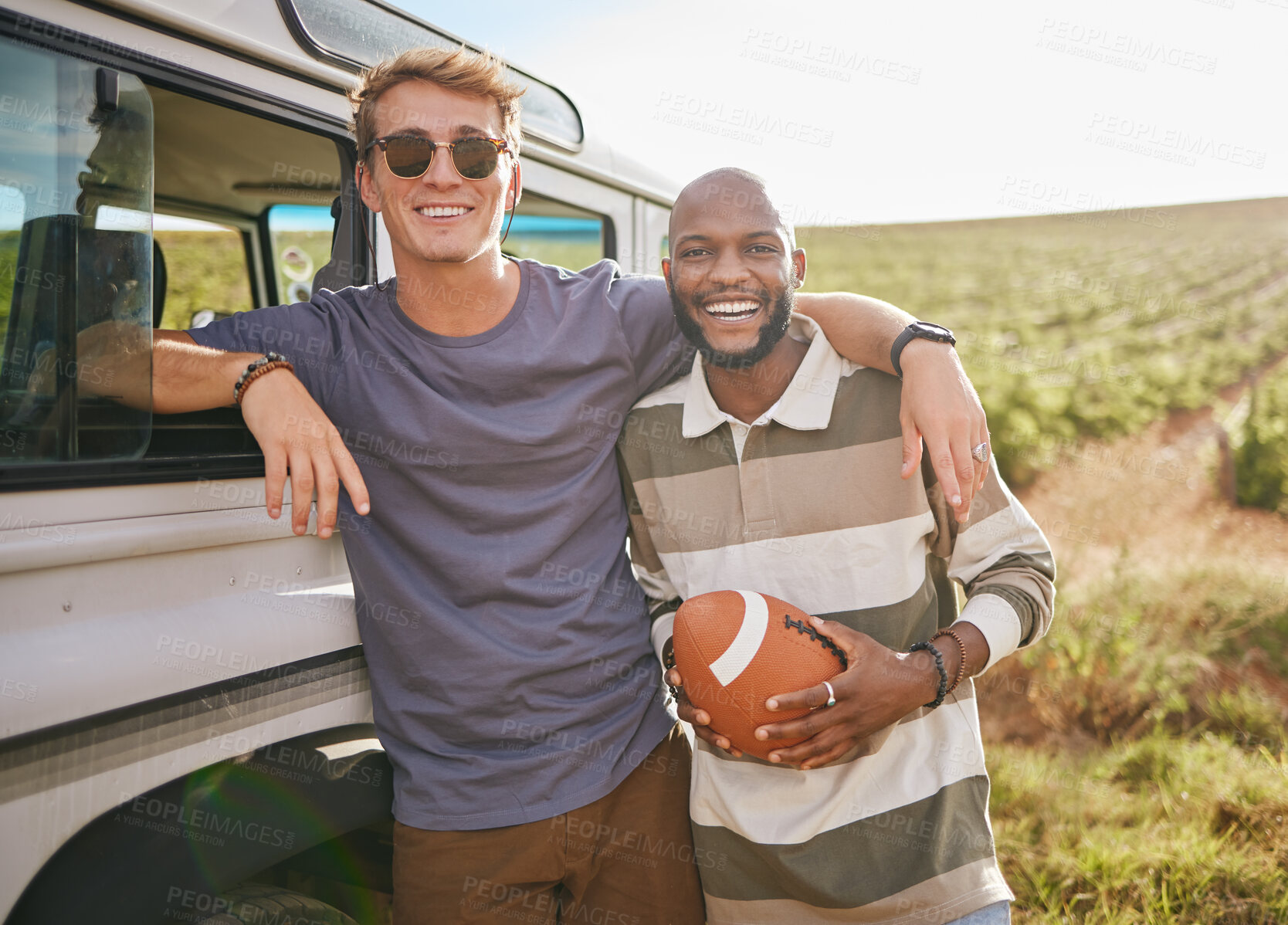 Buy stock photo Sports, adventure and portrait of friends on road trip with black man holding football. Summer, nature and men with ball on vacation in countryside. Travel, games and happy people on outdoor holiday