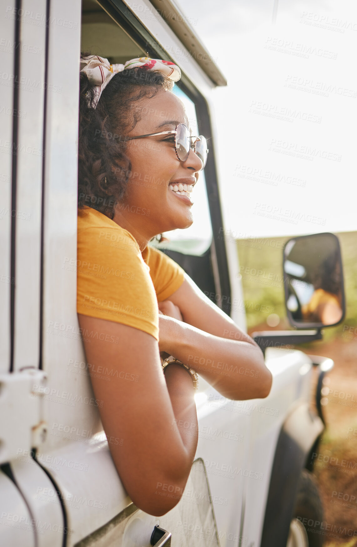 Buy stock photo Girl, relax and window in off road car for summer travel holiday in the Colombia countryside. Colombian woman resting in vehicle for vacation journey with excited, happy and satisfied smile.

