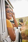 Countryside, travel and road trip black woman with sunglasses and portrait for journey, transport and trendy gen z fashion. Summer, vacation and holiday drive in nature with sky mock up for marketing