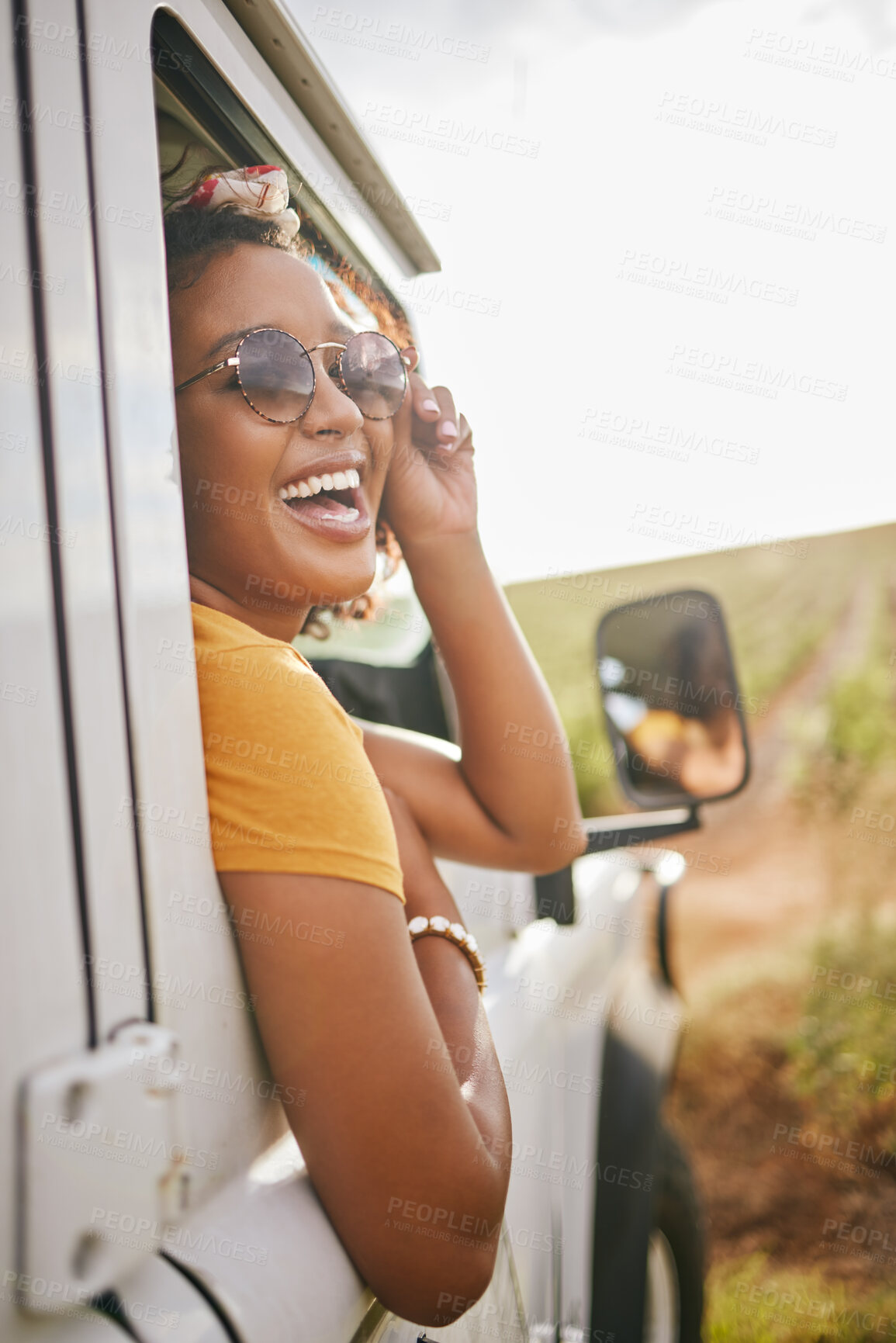 Buy stock photo Countryside, travel and road trip black woman with sunglasses and portrait for journey, transport and trendy gen z fashion. Summer, vacation and holiday drive in nature with sky mock up