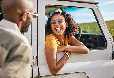 Buy stock photo Stop, car and window by woman and man talking and laughing, discussing Mexico road trip details in countryside. Freedom, summer and black woman asking for directions while on solo trip and adventure