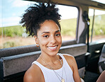 Happy, black woman and smile of a traveler on a road trip travel adventure in a car. Portrait of a person face from Houston ready for freedom, happiness and holiday fun sitting in motor transport