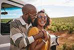 Travel, love and black couple on a road trip in nature on a happy summer holiday or vacation outdoors. Smile, happiness and young woman in cool sunglasses hugging, bonding and relaxing with partner