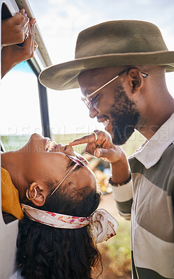 Buy stock photo Love, happy and black couple nose touch for playful road trip bonding moment together in nature. Black woman and African man in romantic relationship enjoy travel adventure fun in South Africa.