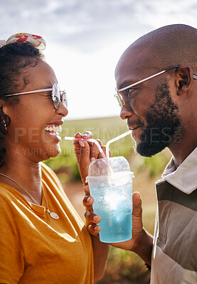 Buy stock photo Couple, outdoor and share drink with straw together in summer with smile in sunshine. Man, black woman and happy for soda, juice or slushy on travel, road trip or vacation in countryside on holiday